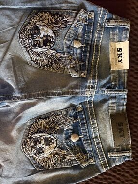 Shull with wings Halloween  Embellished Blue Denim pants with Studded Pocket